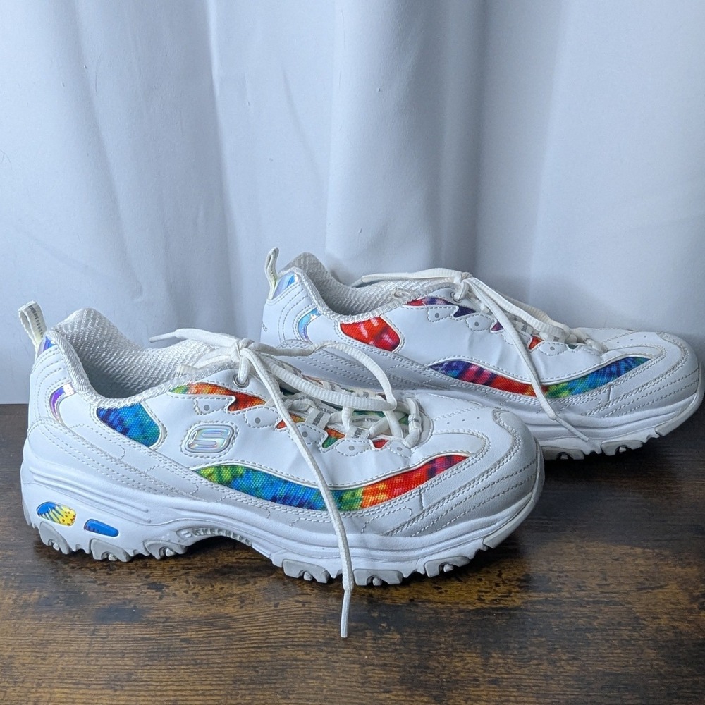 Skechers DLites White Tie Dye Iridescent Memory Foam Sneakers Women Shoes